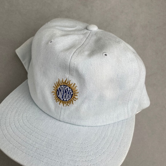 Stussy Sun Logo Snapback Hat Lt Blue Chambray Skate Surf 90s Retro OSFA Cotton - Picture 2 of 10
